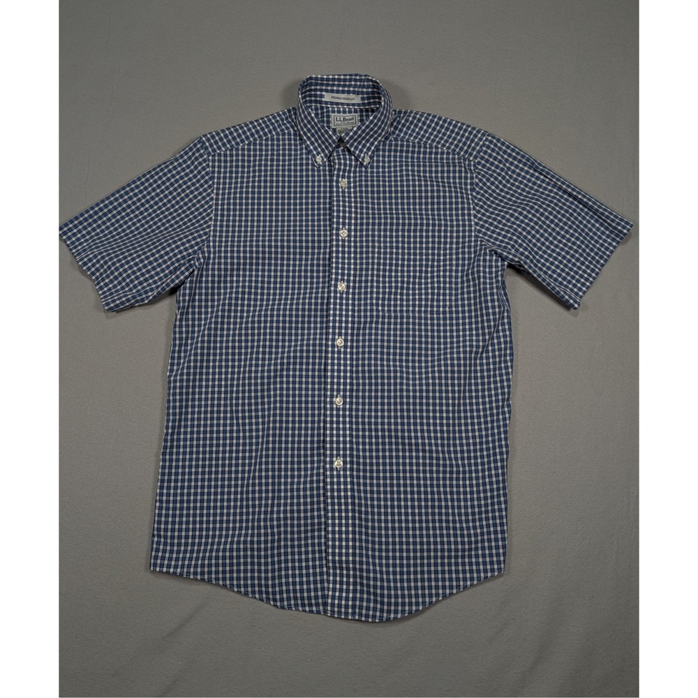 LL Bean Mens Small Blue White Gingham Wrinkle Resistant Short Sleeve Shirt